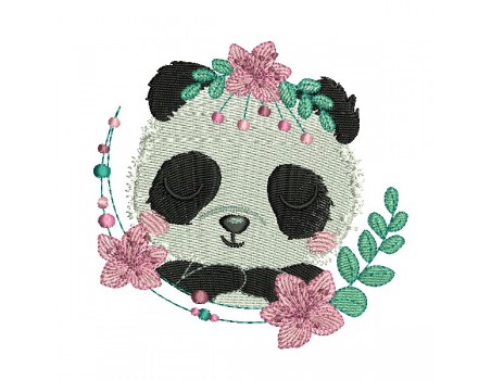 Motif de broderie machine panda  fleurs endormie