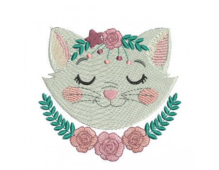 machine embroidery design sleeping cat with  flowers