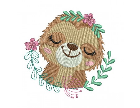 machine embroidery design sleeping sloth with  flowers