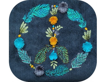 Motif de broderie machine peace and love pompons franges et mylar boho