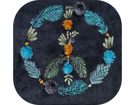 Motif de broderie machine peace and love pompons franges et mylar boho