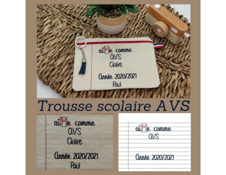 Motif de broderie machine ITH trousse scolaire AVS