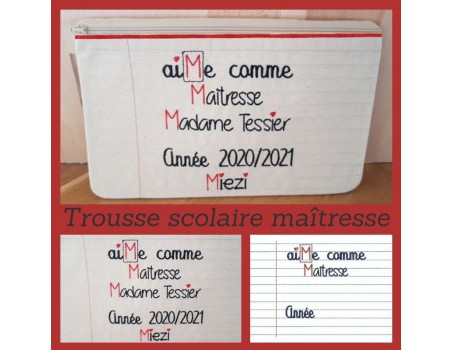 Motif de broderie machine ITH trousse scolaire Maîtresse