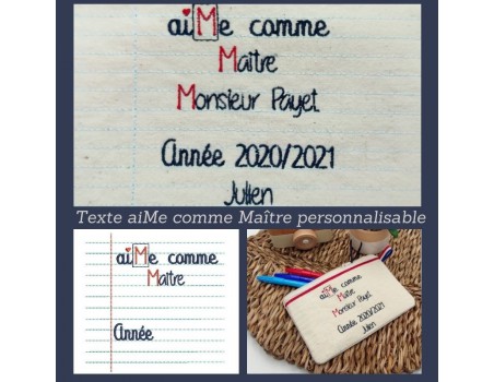 Motif de broderie machine texte  aiMe comme Maître  année personnalisable