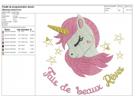 Motif de broderie machine tête de licorne