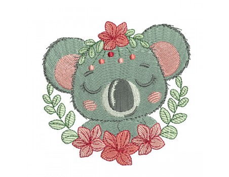 Motif de broderie machine la koala endormie  avec ses fleurs