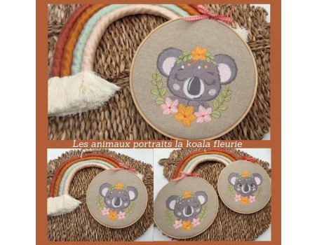 Motif de broderie machine la koala endormie  avec ses fleurs