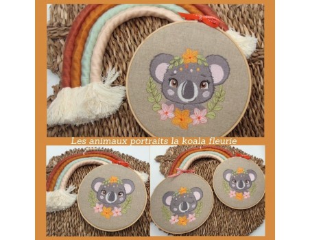 Motif de broderie machine koala avec ses fleurs