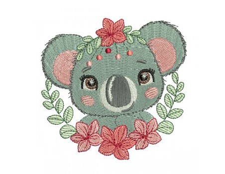 Motif de broderie machine koala avec ses fleurs