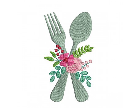 machine embroidery design shabby  kitchen cutlery flowers
