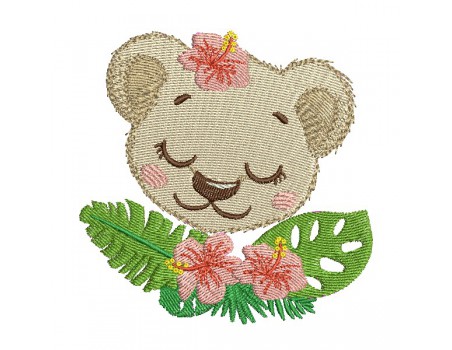 Motif de broderie machine la lionçonne endormie avec ses fleurs