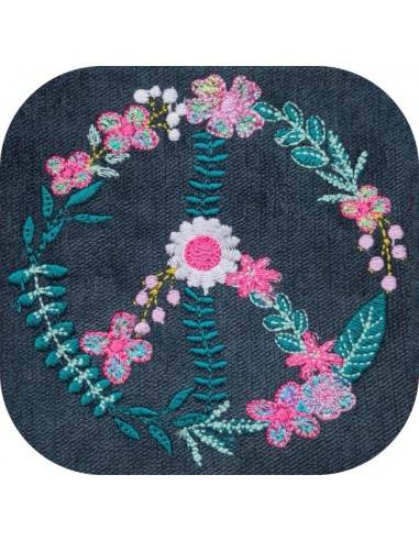 Motif de broderie machine peace and love fleurs mylar