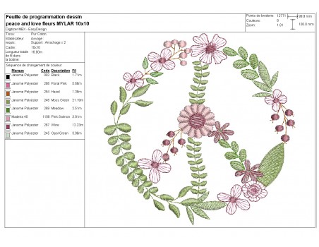 machine embroidery design flowers mylar peace and love