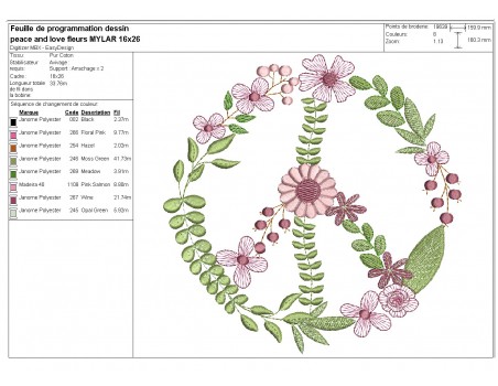 Motif de broderie machine peace and love fleurs mylar