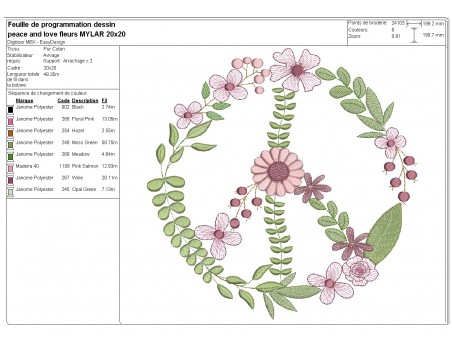 Motif de broderie machine peace and love fleurs mylar