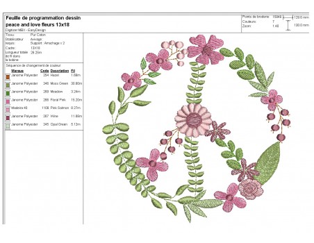 Motif de broderie machine peace and love fleurs