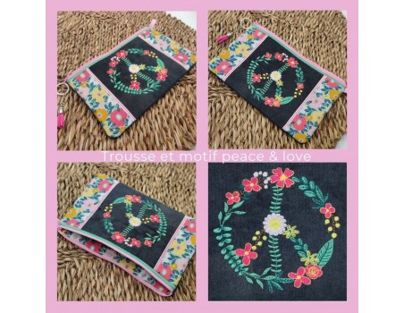 Motif de broderie machine ITH trousse peace and love fleurs