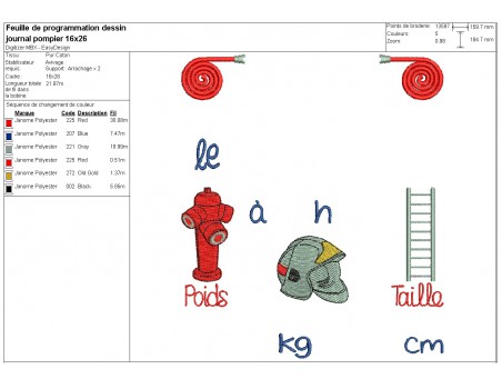Motif de broderie machine  journal de naissance pompier