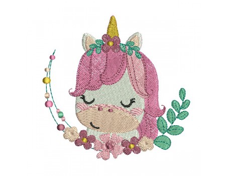 Motif de broderie machine licorne endormie avec ses fleurs