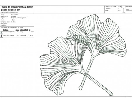 Motif de broderie machine feuilles  ginkgo biloba