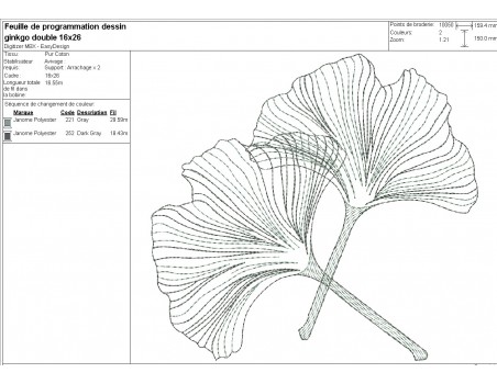 Motif de broderie machine feuilles  ginkgo biloba