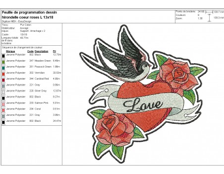 Motif de broderie machine  rockabilly hirondelle coeur aux roses