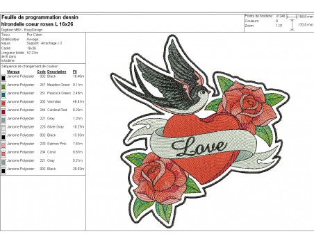 machine embroidery design  rippled rockabilly swallow