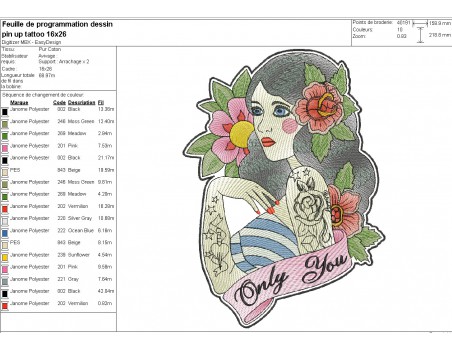 Motif de broderie machine  rockabilly pin up tatoo