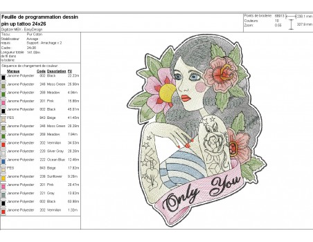 Motif de broderie machine  rockabilly pin up tatoo