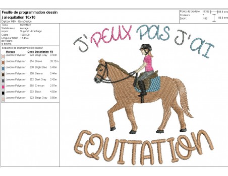 Motif de broderie machine  j'peux pas j'ai équitation