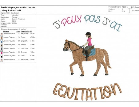 Motif de broderie machine  j'peux pas j'ai équitation