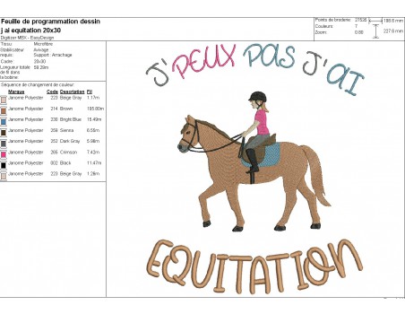 Motif de broderie machine  j'peux pas j'ai équitation