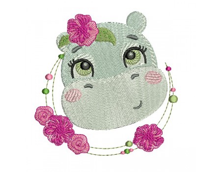 Motif de broderie machine l'hippopotame  avec ses fleurs