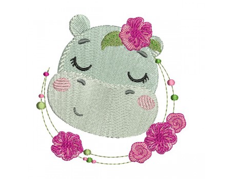 Motif de broderie machine l'hippopotame endormie avec ses fleurs