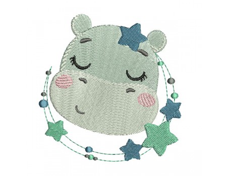 Motif de broderie machine l'hippopotame endormi avec ses étoiles