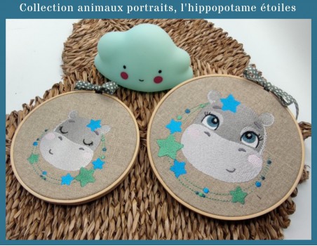 Motif de broderie machine l'hippopotame avec ses étoiles