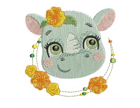 machine embroidery design  rhinoceros with flowers