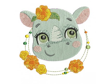 Motif de broderie machine rhinocéros avec ses fleurs