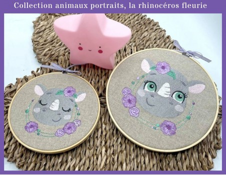 Motif de broderie machine rhinocéros avec ses fleurs