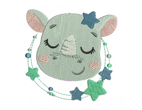Motif de broderie machine rhinocéros endormi  avec ses étoiles