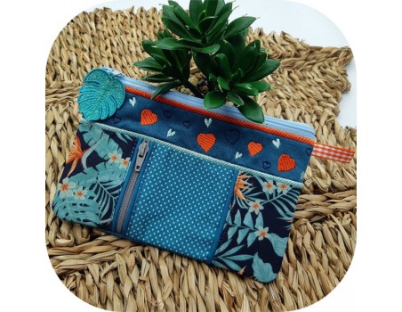 Motif de broderie machine ITH trousse double zip coeurs