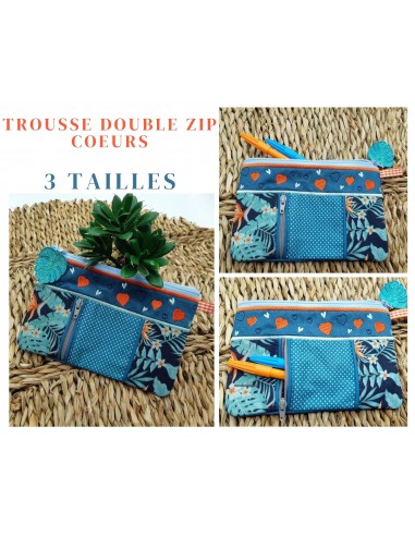 Motif de broderie machine ITH trousse double zip coeurs