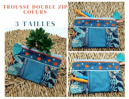 Motif de broderie machine ITH trousse double zip coeurs