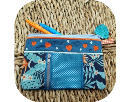 Motif de broderie machine ITH trousse double zip coeurs