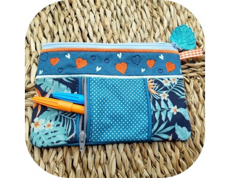 Motif de broderie machine ITH trousse double zip coeurs