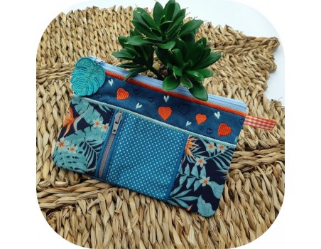 Motif de broderie machine ITH trousse double zip coeurs