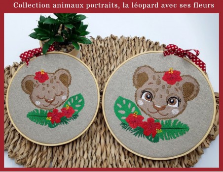 Motif de broderie machine panthère endormie avec ses fleurs