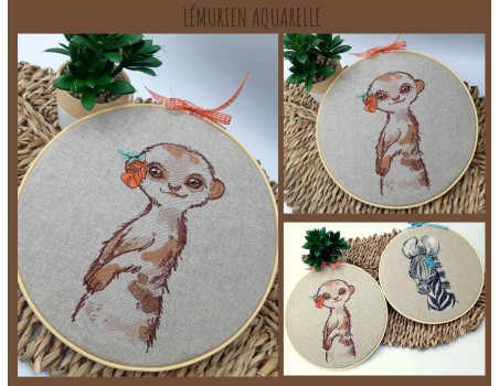 machine embroidery design watercolor lemur