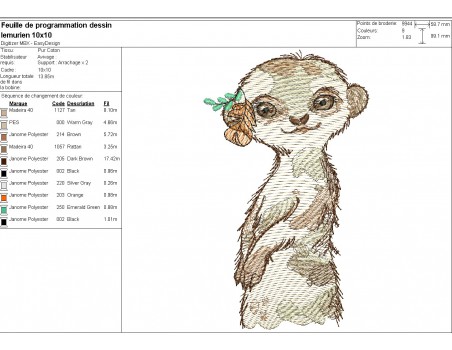 machine embroidery design watercolor lemur