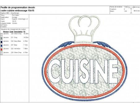 Motif de broderie machine  texte cuisine en embossage